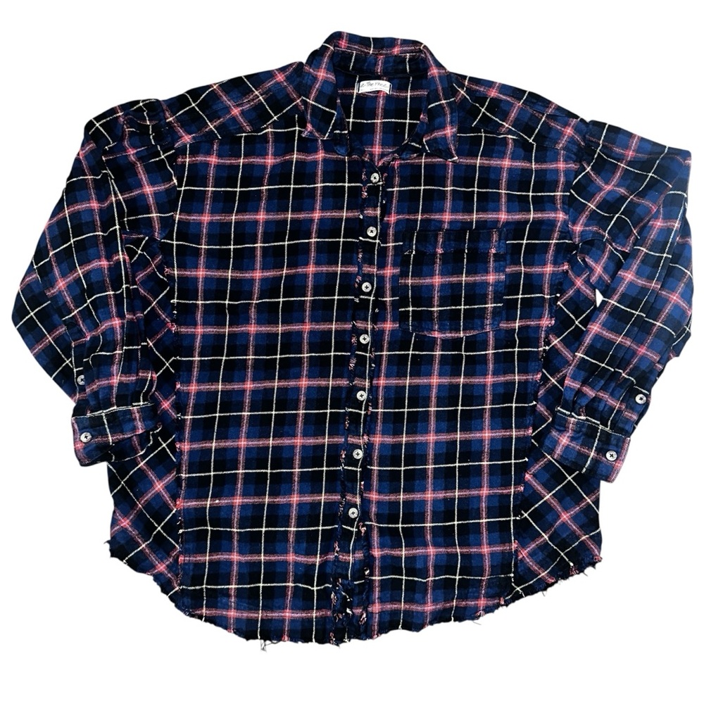 FREE PEOPLE Happy Hour Plaid Flannel Top / Navy Combo - Picture 4 of 11